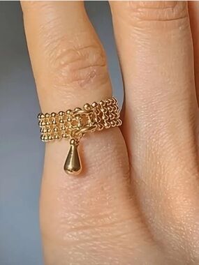 Gold-Tone Beaded Chain Ring  with Teardrop End - Women Jewelry